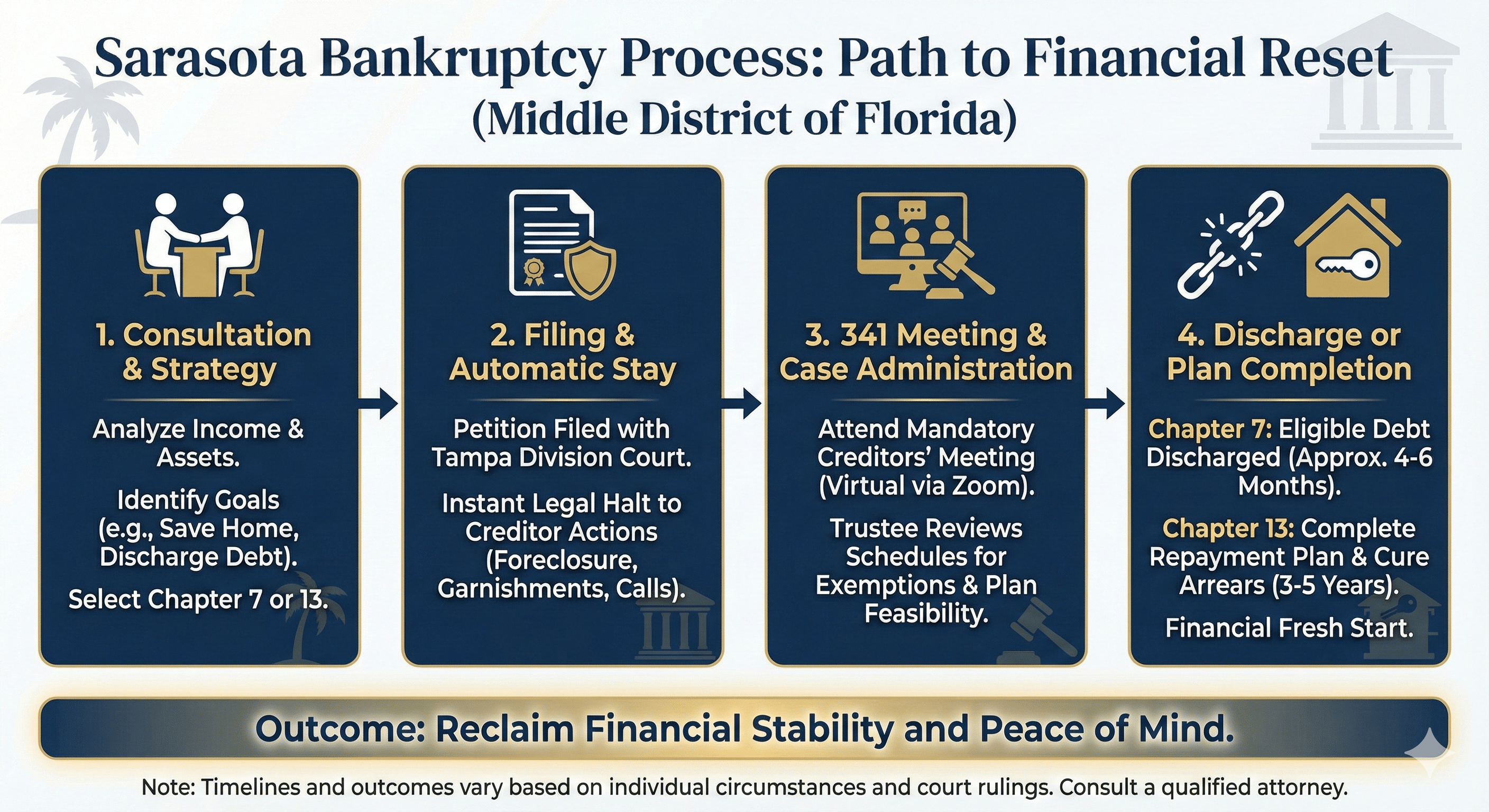 Sarasota, FL proceso de bancarrota línea de tiempo infográfico
